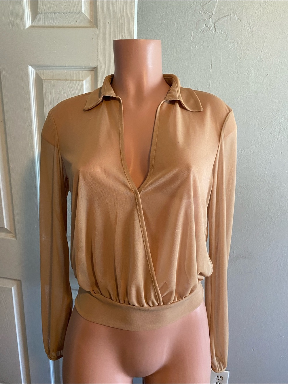 Express Tan Surplice Long-Sleeve Blouse